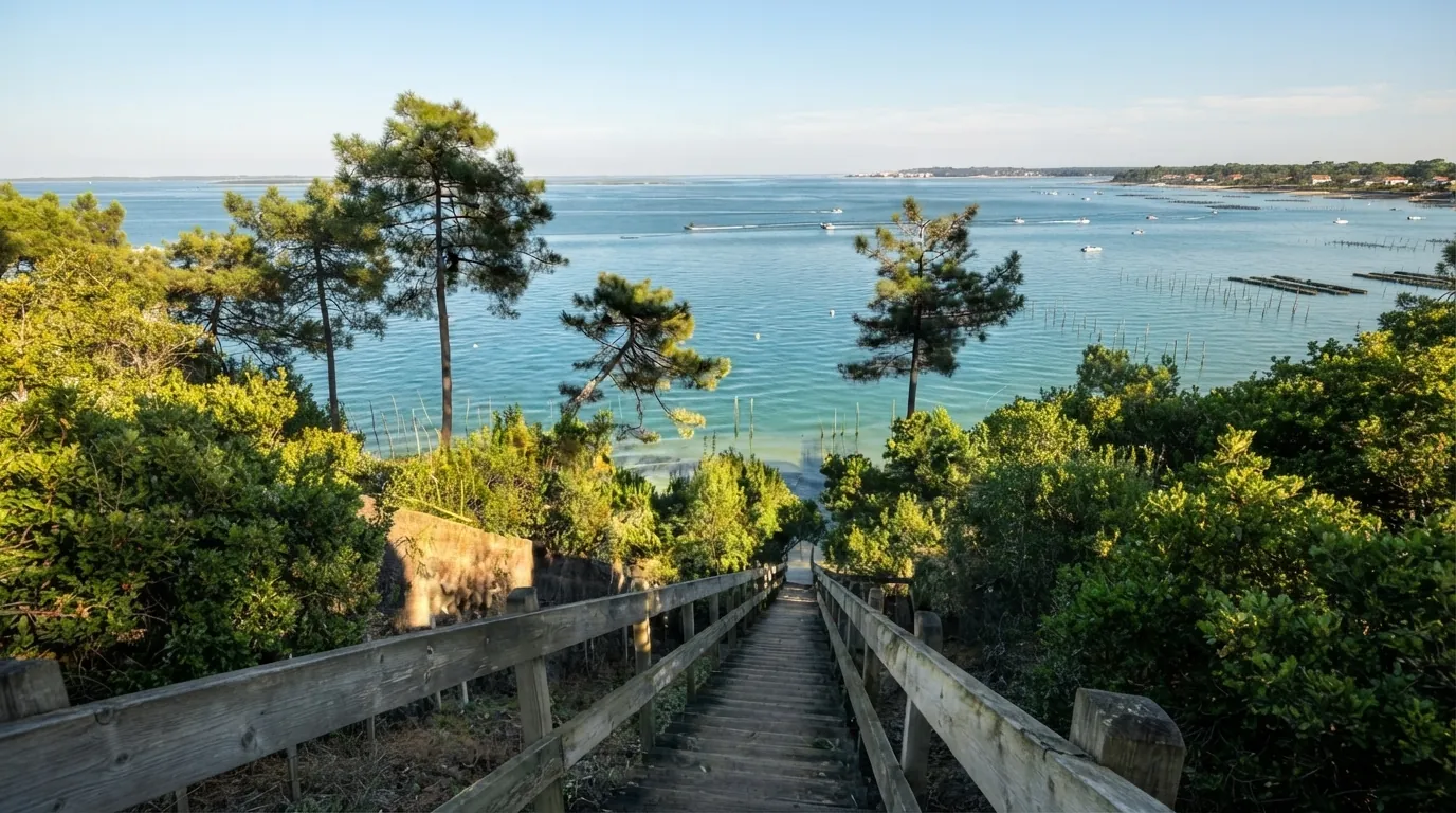 Un escalier de bois descend entre les pins vers le Bassin et ses parcs à huîtres, image d’illustration